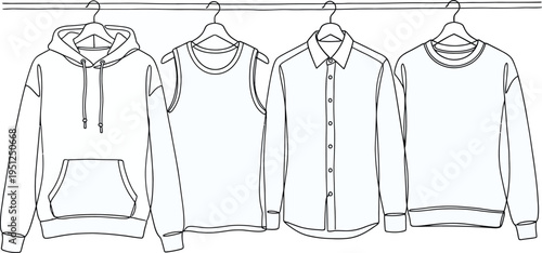 Set of drawing of hands holding hoodie, t shirt, tank top, jacket, and sweater in continuous one line drawing style