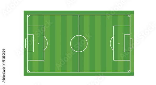 An overhead view depicts a vibrant green soccer field with clearly marked lines goals and a central circle