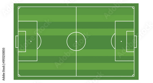 An aerial view depicts a vibrant green soccer field with clearly marked lines goal areas and a center circle