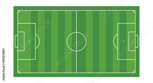 An overhead view depicts a bright green soccer field with clearly marked lines goals and a center circle