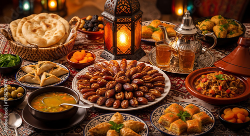 Lavish Middle Eastern Iftar spread featuring dates, traditional dishes, tea, and a glowing lantern for Ramadan celebration