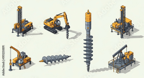 Isometric View of Drilling Rigs and Augers for Construction.