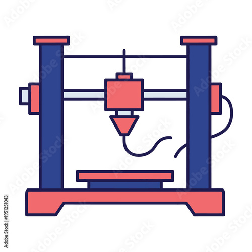 Modern 3d printer with a nozzle and build platform showcasing advanced technology for rapid prototyping and manufacturing depicted in a clean flat design style with vibrant blue and coral colors