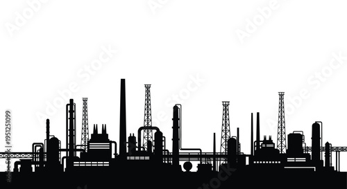 A stark black silhouette depicts an industrial cityscape with numerous factory towers smokestacks and a complex skyline high quality