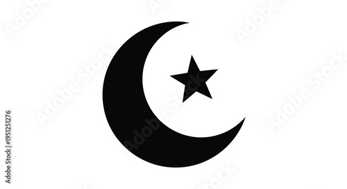 A stark black silhouette displays a crescent moon embracing a five pointed star symbolizing islamic faith and culture high quality