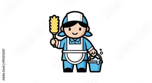 Cartoon maid character holding duster and bucket vector illustration