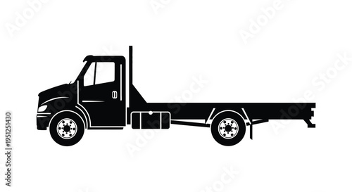 A stark black silhouette depicts a medium duty flatbed truck showcasing its side profile against a white backdrop high quality