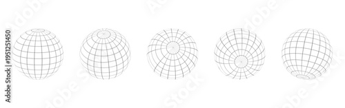 Globe grid spheres. Striped 3D spheres, geometry globe grid, Striped 3D orbs, Earth longitude and latitude line wireframe spheres, Earth globe hemispheres set. Geometry globe grid,