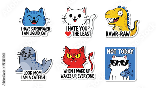 Cute animal stickers featuring cats a dinosaur and a seal with funny sayings