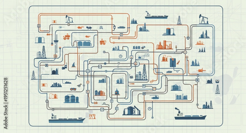 Detailed Oil and Gas Industry Process Flow Diagram Illustration.