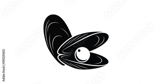 A striking black and white illustration depicts an open seashell revealing a luminous perfectly round pearl within high quality