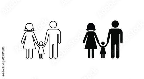 This image presents a simple black and white depiction of a family holding hands shown in two contrasting styles