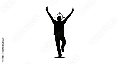 Man in suit jumping with arms raised.
