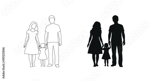 A simple black and white illustration depicts two families each consisting of a mother father and young child
