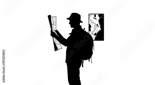 Silhouette of man with backpack.