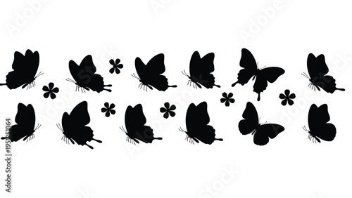 Collection of black butterfly silhouettes with scattered floral elements on white background