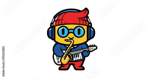 Cartoon musician playing instruments isolated on white background