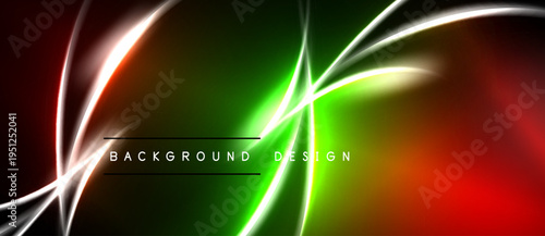 Abstract design features vibrant red, green, white lines. Dynamic curves create modern visual impact. Dark background enhances luminosity.