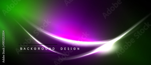 Abstract background features vibrant green, purple gradients. Smooth curves create dynamic light effects, modern design element.