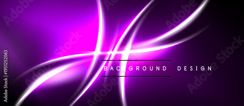 Abstract purple light streaks over black background. Dynamic curves create modern visual effect. Brightness emphasizes energy, motion.
