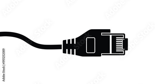 A minimalist black and white illustration depicts an ethernet cable and rj45 connector symbolizing data transmission high quality professional