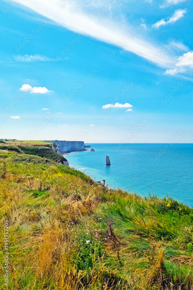 Obraz premium Scenic Coastal Landscape with Cliffs and Ocean Horizon Under Clear Blue Sky