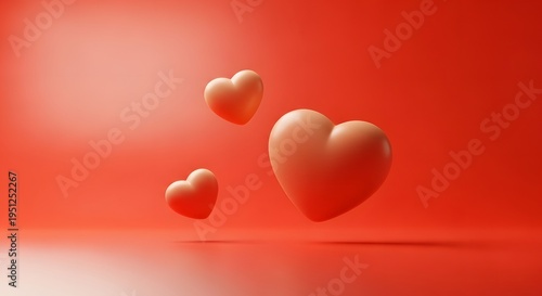 Three floating hearts on a vibrant red background with soft lighting