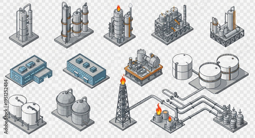 Isometric Oil Refinery Plant - A Detailed Industrial Complex Illustration.