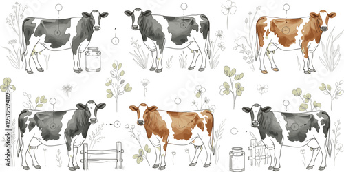 arm Cow Line Art Illustration Set with Rural Elements, Hand Drawn Cattle Sketch Collection Featuring Barn Tools, Grass, and Countryside Agriculture Design