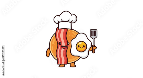 Cartoon pancake with bacon egg and chef hat on white background