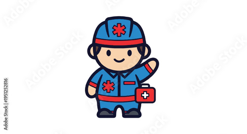 Cartoon paramedic character with first aid kit and helmet