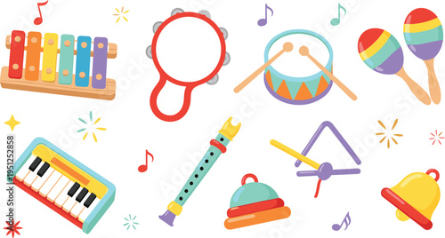 Kids Musical Instruments Set with Xylophone, Drum, Tambourine, Maracas, Flute and Bell, Colorful Toy Music Objects for Early Learning and Creative Play Design