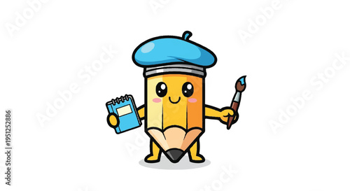 Cartoon pencil artist holding paintbrush and sketchbook isolated