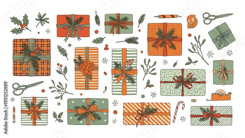 Festive assortment of colorful gift boxes ribbons and holiday decorations