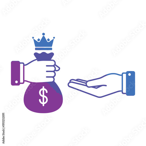 Hand with crown offering money bag to open palm symbolizing generosity charity and financial support in a minimalist style with bold colors