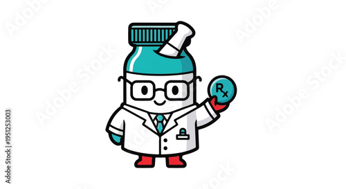 Cartoon pharmacist bottle holding prescription symbol illustration