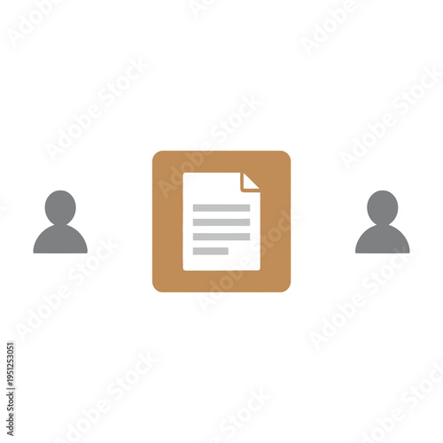 Document icon centered on a plain background with two silhouetted figures on either side symbolizing collaboration or legal agreement