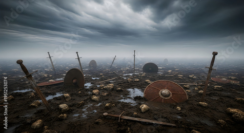 Several swords and shields lie on the ground in a desolate landscape with a dark and stormy sky with a sense of abandonment and defeat
