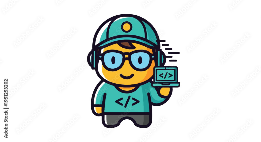 Naklejka premium Cartoon programmer character with laptop vector illustration