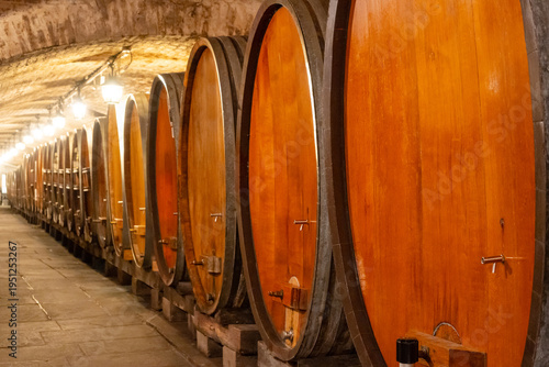 Wine cellar barrels inside historical Strasbourg hospital