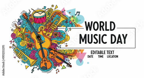 Vibrant world music day illustration with colorful musical instruments and notes on white background for celebration and entertainment