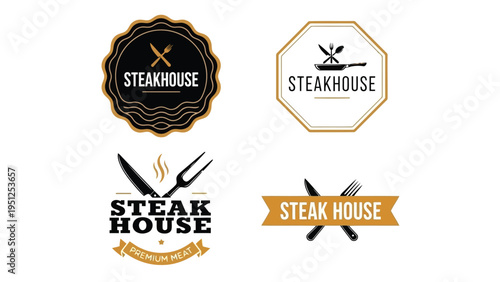 Steakhouse branding elements logos cutlery and premium meat design concepts