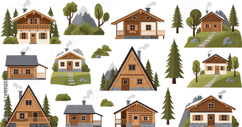 Mountain Cabin Houses Collection with Wooden Chalets, Forest Landscape and Rustic Architecture, Cozy Alpine Homes for Nature Travel and Outdoor Design Projects
