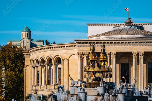 the Colchis Fountain. symbol of the city of Kutaisi , Georgia, with the Bagrati cathedral in the background