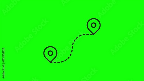 Travel path animation connecting two map markers with dashed line green screen