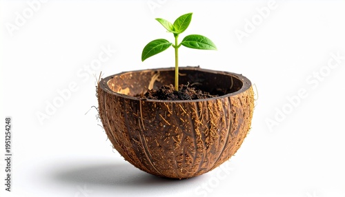Small green sprout growing in a recycled coconut shell pot, symbolizing environmental sustainability, new beginnings, and the power of eco-friendly gardening.