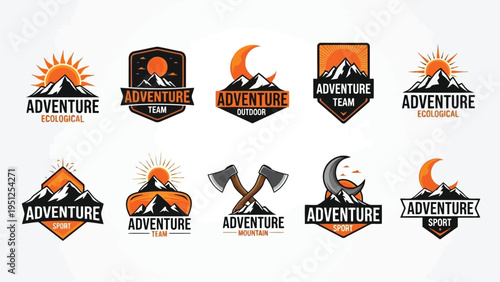 Collection of colorful adventure badges and emblems with mountain and nature themes