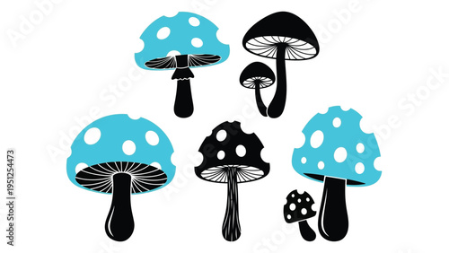A collection of stylized mushrooms in black and light blue tones