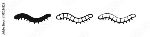 Set of black and white worm icons in solid, outline, and hand-drawn doodle styles, isolated on white background.