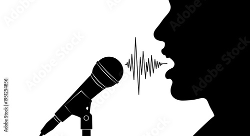 Black silhouette of person speaking microphone.